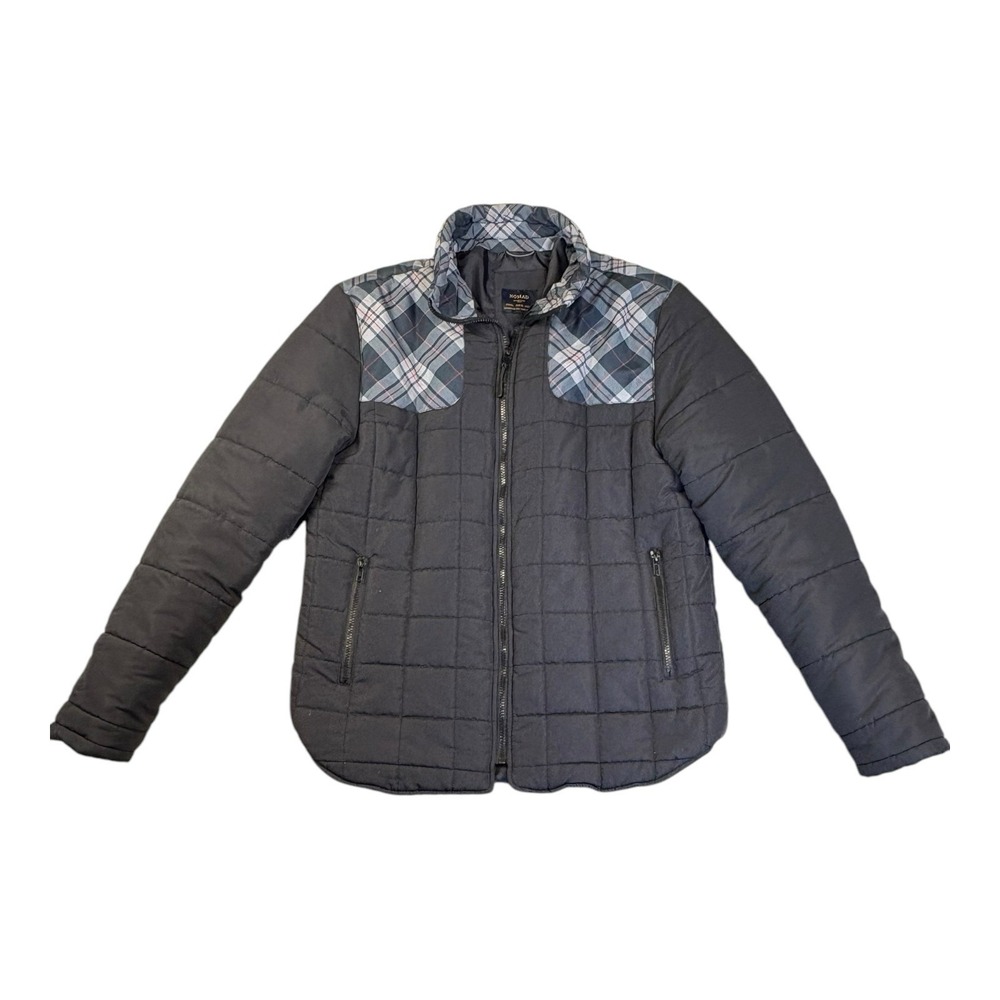 Men's Quilted Black Puffer Jacket with Plaid Yoke